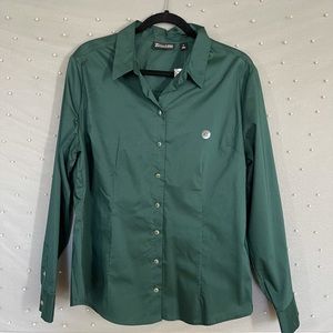 Green button down blouse with jeweled buttons